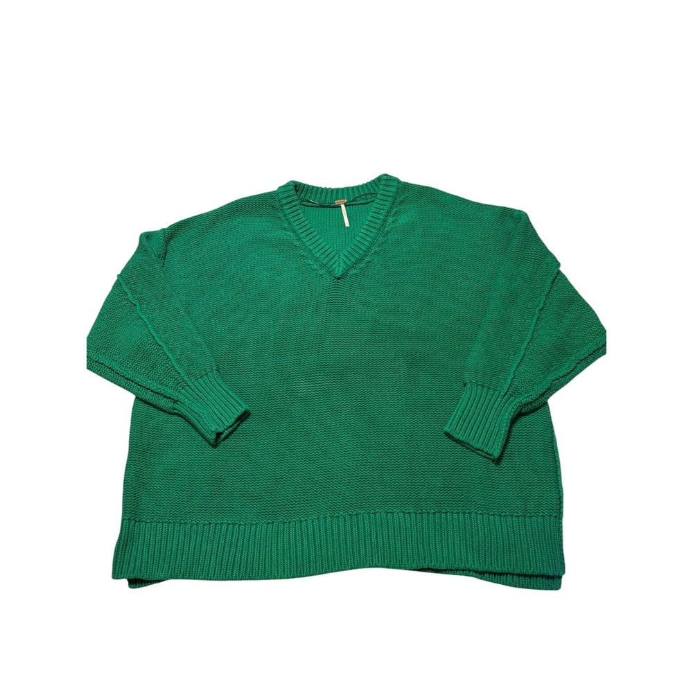 Free People Brookside V-Neck Sweater Green Oversized Chunky Knit XL Casual